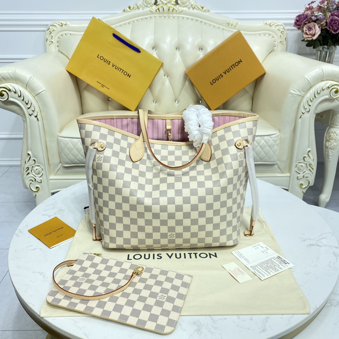 Louis Vuitton NEVERFULL MM  Damier Azur Handbag N41605 Rose Ballerine